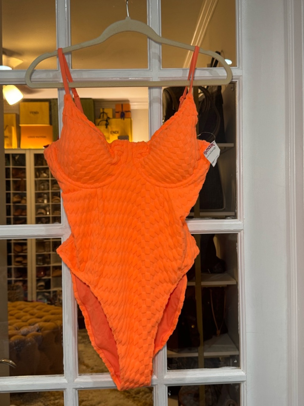 Good American Orange Textured One-Piece Swimsuit high cut towel fabric bright - Picture 2 of 7